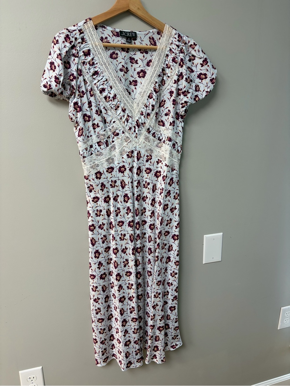 J. Crew White Dress with Burgundy Floral Print and Lace Trim